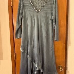 Komarov Blue Asymmetrical Dress with Beaded Neckline